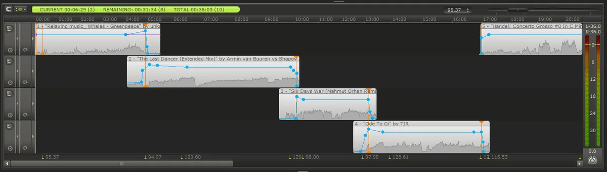 MixMeister Fusion en lecture : une timeline qui défile avec le temps écoulé, restant et total du mix