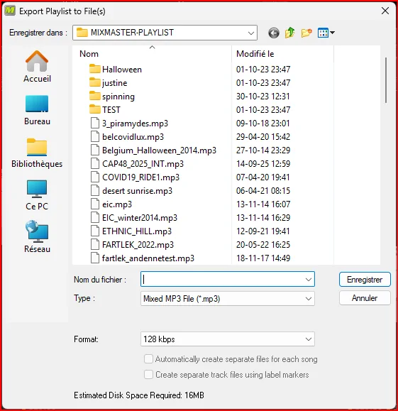 Fenêtre d'export de MixMeister Fusion proposant un fichier MP3 mixé en 128 kbps