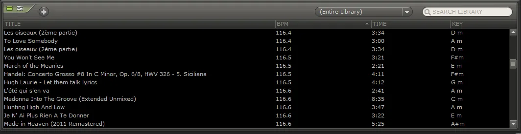 Bibliothèque de MixMeister Fusion : les morceaux avec seulement trois colonnes, BPM, durée et tonalité