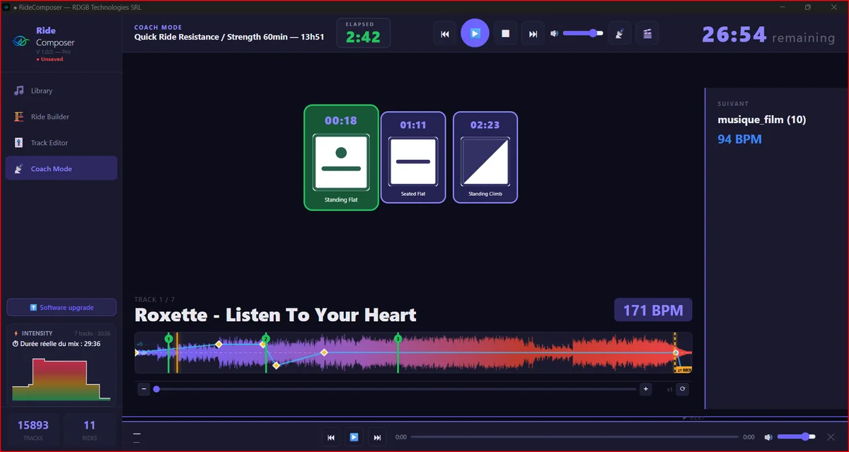 Coach Mode de RideComposer pendant un cours, avec les consignes affichées pour l'instructeur